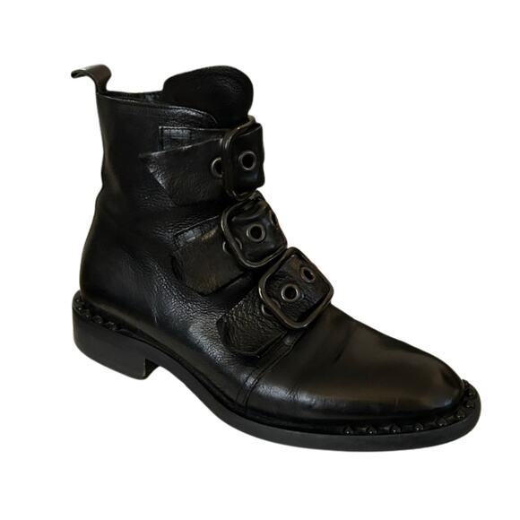 Just Juice Italy Black Leather Buckle Studded Ankle Boots –Goth Booties, Size 37 - Picture 1 of 9